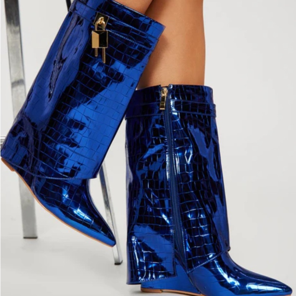 Fashion Nova Shiny Blue Heeled Boots